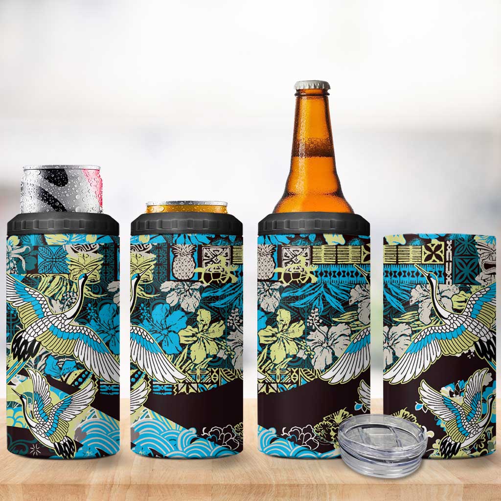 Japanese Hawaiian Crane 4 in 1 Can Cooler Tumbler Blue Tapa Patchwork Pattern LT9 - Polynesian Pride