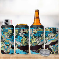 Japanese Hawaiian Crane 4 in 1 Can Cooler Tumbler Blue Tapa Patchwork Pattern LT9 - Polynesian Pride