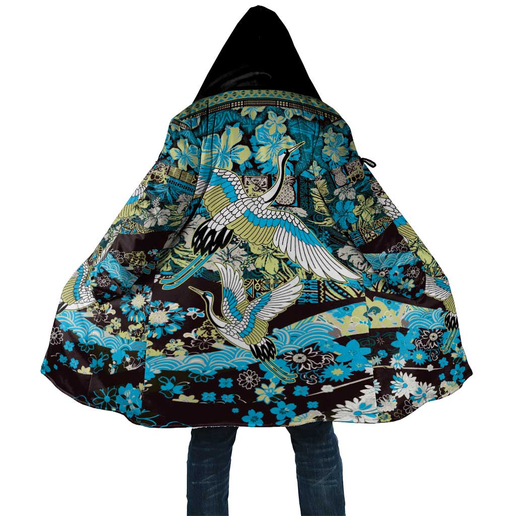 Japanese Hawaiian Crane Cloak Blue Tapa Patchwork Pattern