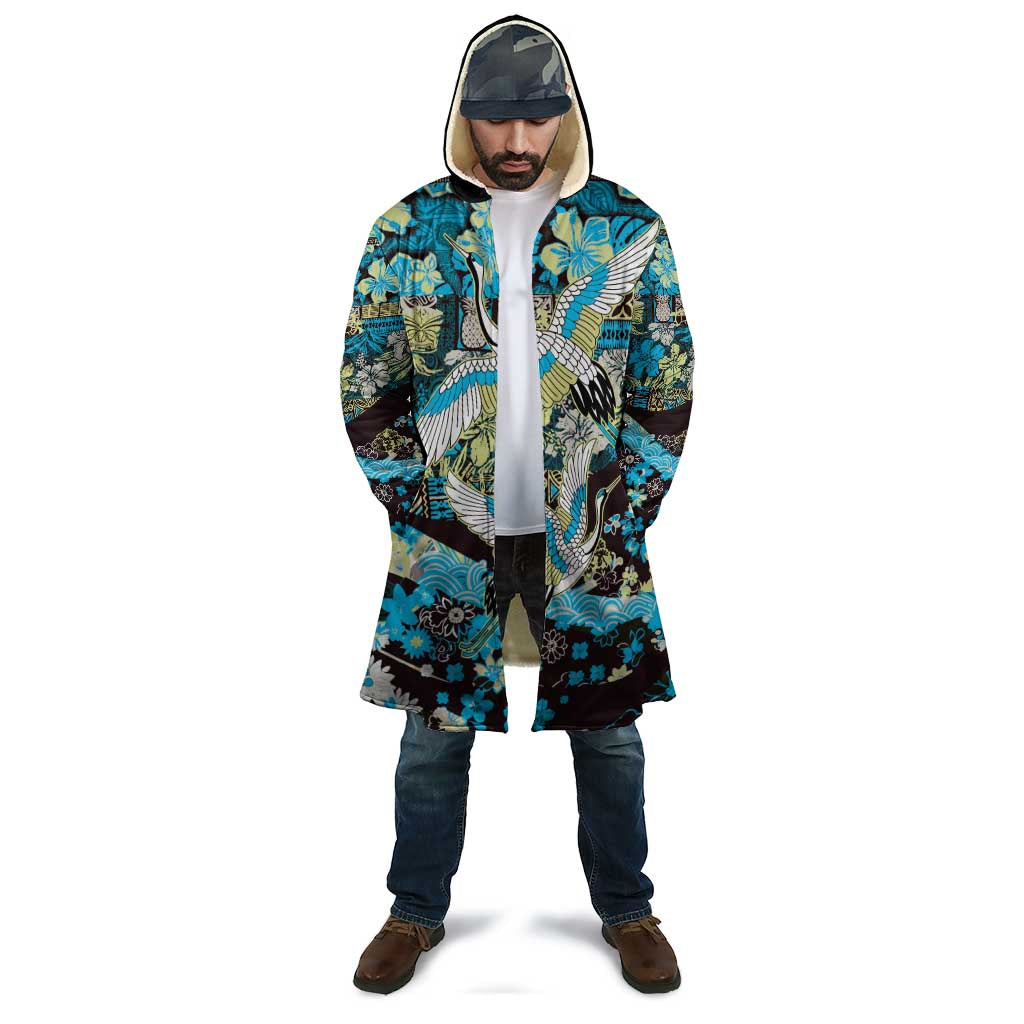 Japanese Hawaiian Crane Cloak Blue Tapa Patchwork Pattern