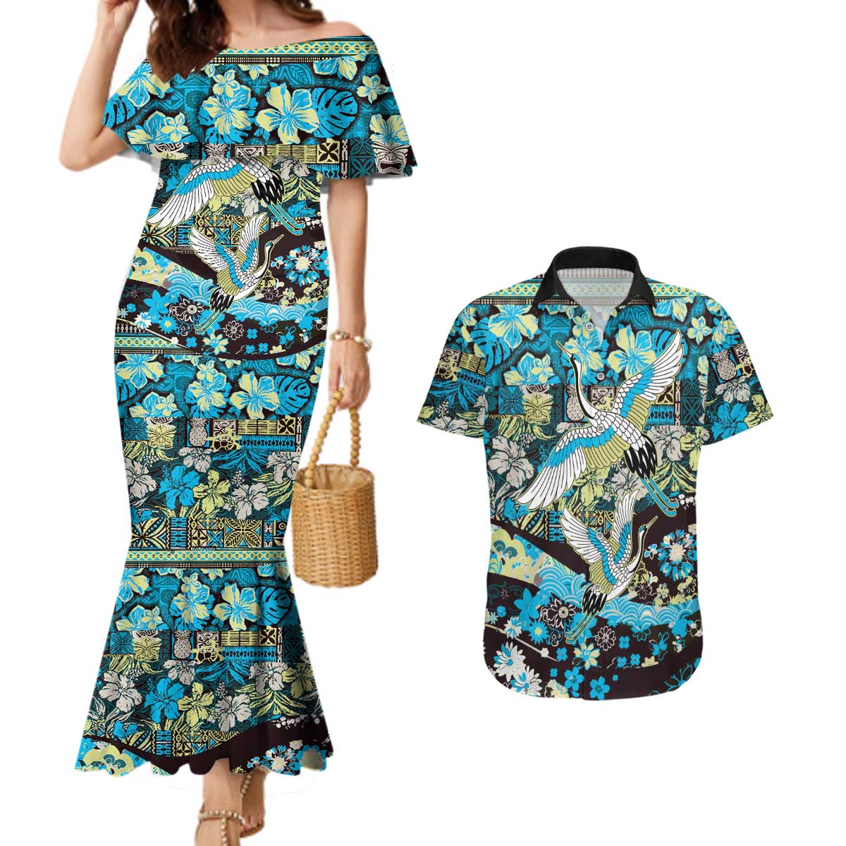 Japanese Hawaiian Crane Couples Matching Mermaid Dress and Hawaiian Shirt Blue Tapa Patchwork Pattern