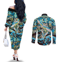 Japanese Hawaiian Crane Couples Matching Off The Shoulder Long Sleeve Dress and Long Sleeve Button Shirt Blue Tapa Patchwork Pattern