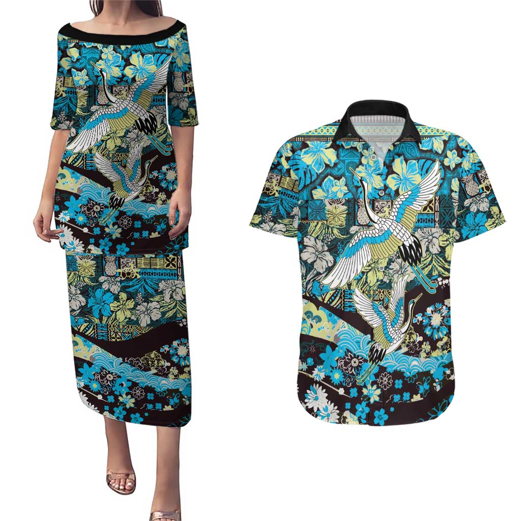 Japanese Hawaiian Crane Couples Matching Puletasi and Hawaiian Shirt Blue Tapa Patchwork Pattern