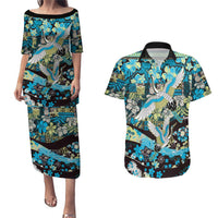 Japanese Hawaiian Crane Couples Matching Puletasi and Hawaiian Shirt Blue Tapa Patchwork Pattern