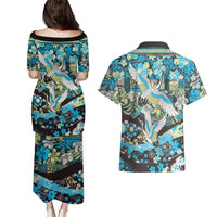 Japanese Hawaiian Crane Couples Matching Puletasi and Hawaiian Shirt Blue Tapa Patchwork Pattern