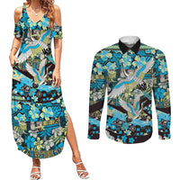Japanese Hawaiian Crane Couples Matching Summer Maxi Dress and Long Sleeve Button Shirt Blue Tapa Patchwork Pattern