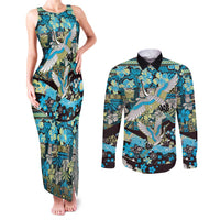 Japanese Hawaiian Crane Couples Matching Tank Maxi Dress and Long Sleeve Button Shirt Blue Tapa Patchwork Pattern