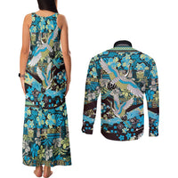 Japanese Hawaiian Crane Couples Matching Tank Maxi Dress and Long Sleeve Button Shirt Blue Tapa Patchwork Pattern
