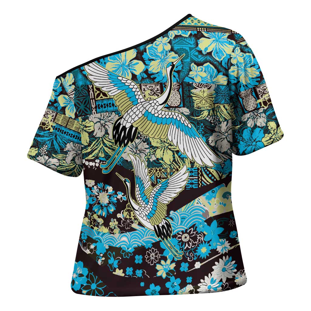 Japanese Hawaiian Crane Cross Shoulder Shirt Blue Tapa Patchwork Pattern