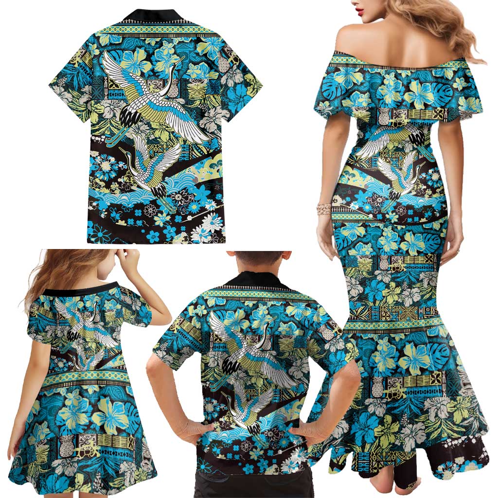 Japanese Hawaiian Crane Family Matching Mermaid Dress and Hawaiian Shirt Blue Tapa Patchwork Pattern