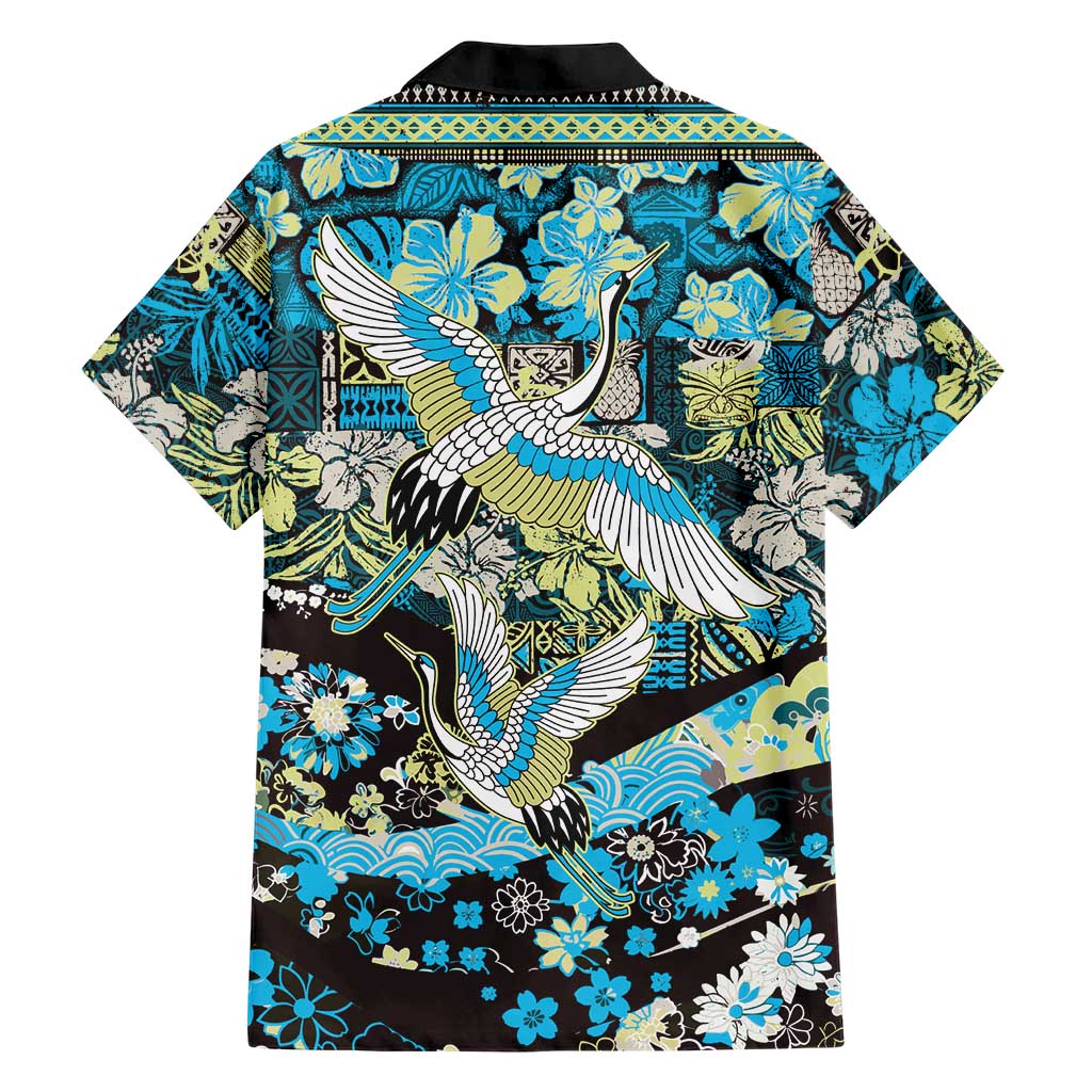 Japanese Hawaiian Crane Family Matching Mermaid Dress and Hawaiian Shirt Blue Tapa Patchwork Pattern