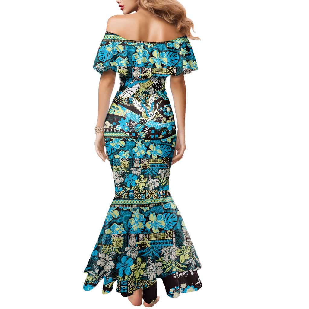 Japanese Hawaiian Crane Family Matching Mermaid Dress and Hawaiian Shirt Blue Tapa Patchwork Pattern