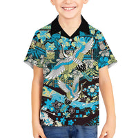 Japanese Hawaiian Crane Family Matching Mermaid Dress and Hawaiian Shirt Blue Tapa Patchwork Pattern