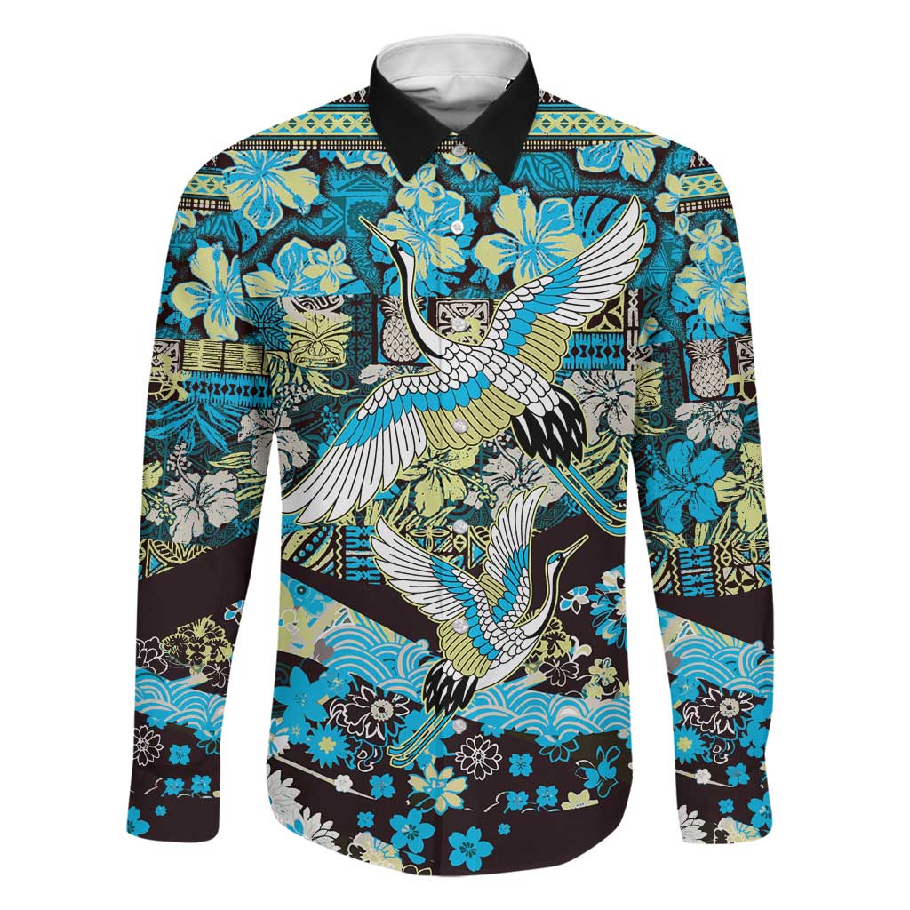 Japanese Hawaiian Crane Family Matching Off Shoulder Maxi Dress and Hawaiian Shirt Blue Tapa Patchwork Pattern