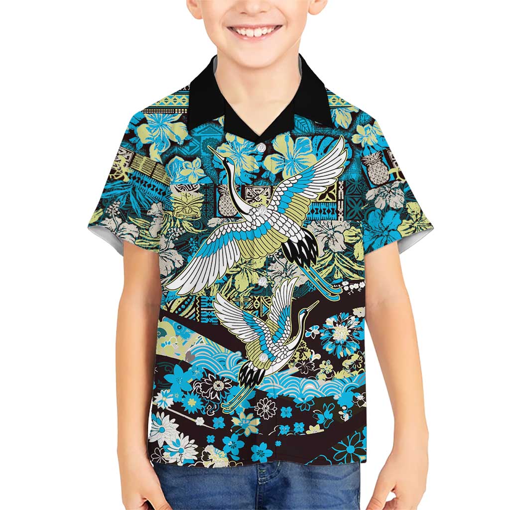 Japanese Hawaiian Crane Family Matching Off Shoulder Maxi Dress and Hawaiian Shirt Blue Tapa Patchwork Pattern