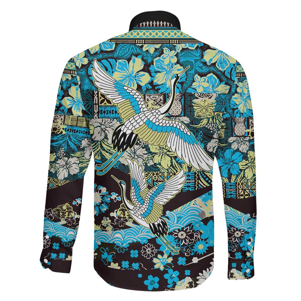 Japanese Hawaiian Crane Family Matching Off Shoulder Short Dress and Hawaiian Shirt Blue Tapa Patchwork Pattern