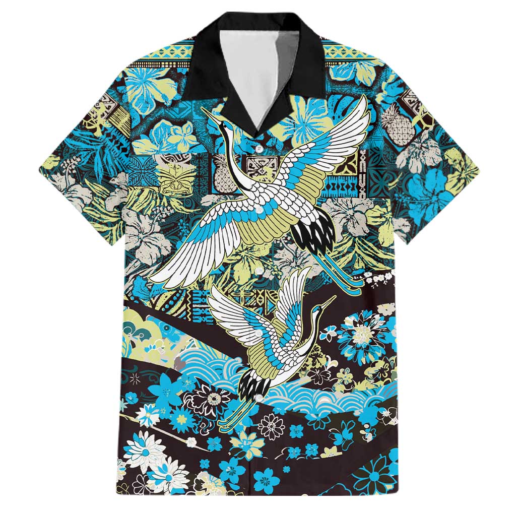 Japanese Hawaiian Crane Family Matching Puletasi and Hawaiian Shirt Blue Tapa Patchwork Pattern