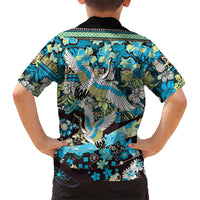 Japanese Hawaiian Crane Family Matching Short Sleeve Bodycon Dress and Hawaiian Shirt Blue Tapa Patchwork Pattern LT9 - Polynesian Pride