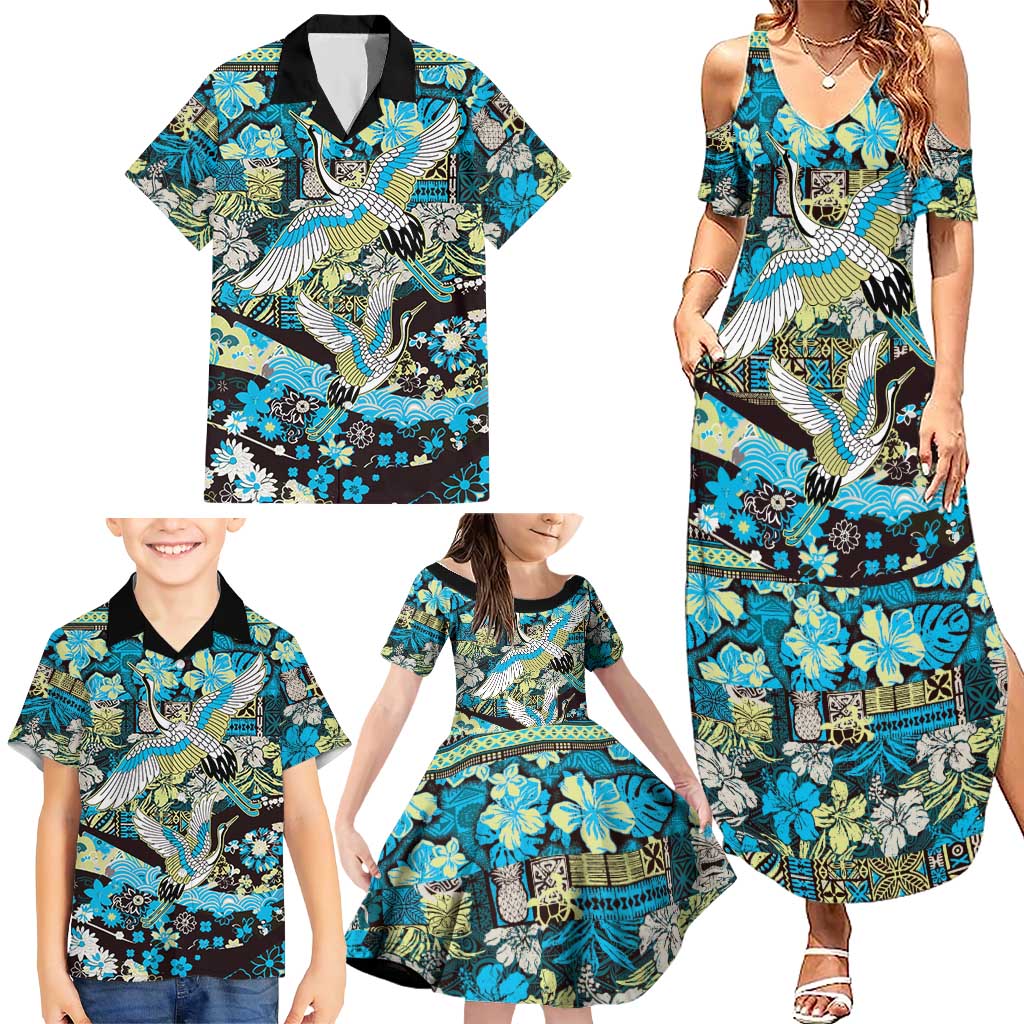 Japanese Hawaiian Crane Family Matching Summer Maxi Dress and Hawaiian Shirt Blue Tapa Patchwork Pattern