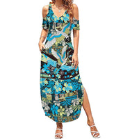 Japanese Hawaiian Crane Family Matching Summer Maxi Dress and Hawaiian Shirt Blue Tapa Patchwork Pattern