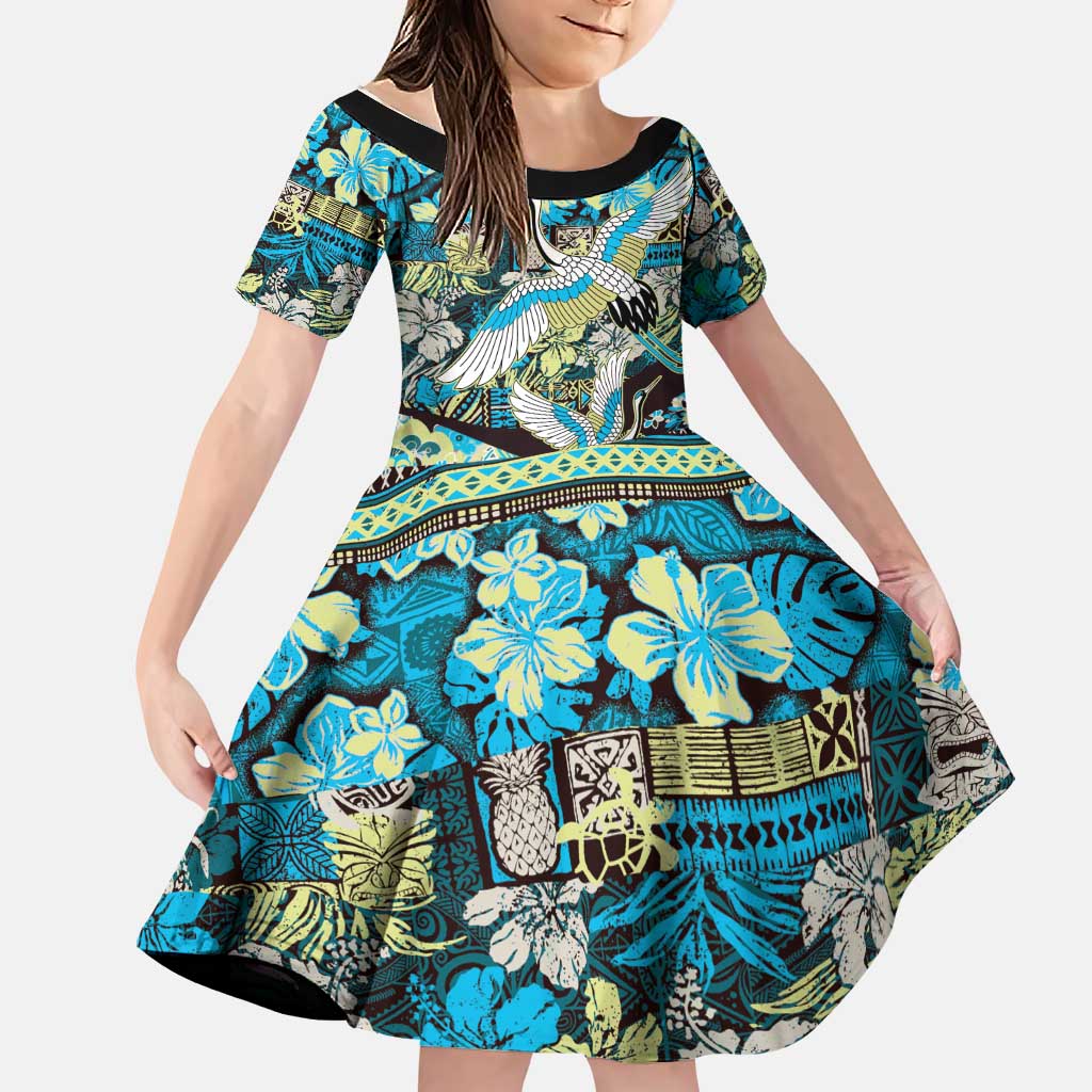 Japanese Hawaiian Crane Family Matching Tank Maxi Dress and Hawaiian Shirt Blue Tapa Patchwork Pattern