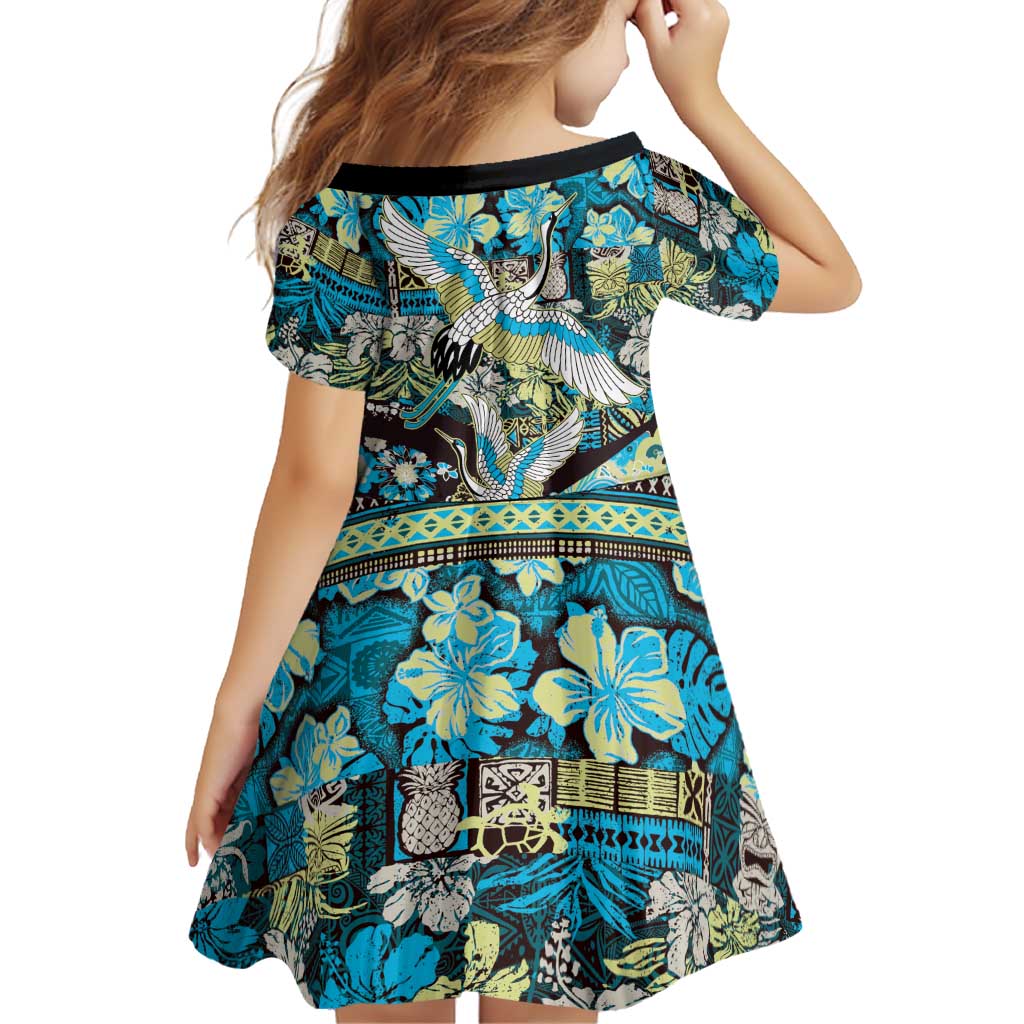 Japanese Hawaiian Crane Family Matching Tank Maxi Dress and Hawaiian Shirt Blue Tapa Patchwork Pattern