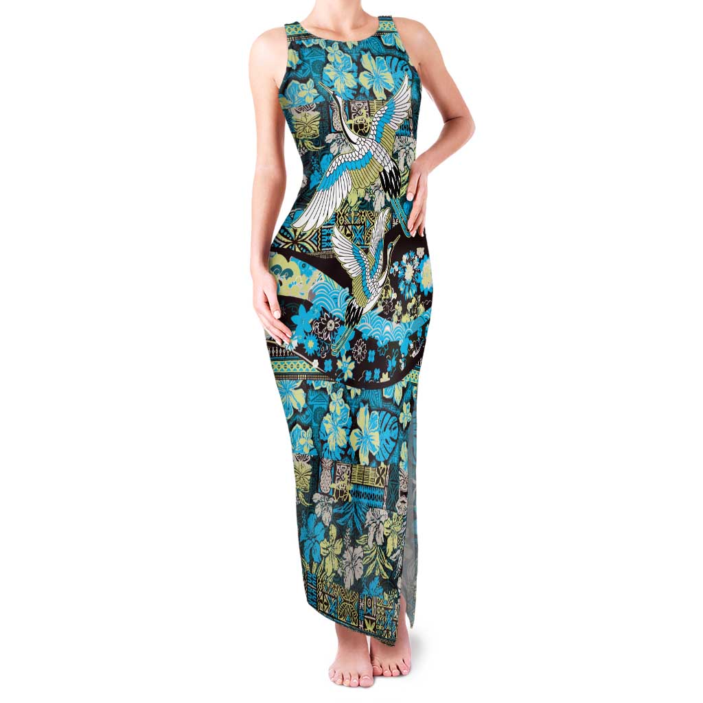 Japanese Hawaiian Crane Family Matching Tank Maxi Dress and Hawaiian Shirt Blue Tapa Patchwork Pattern