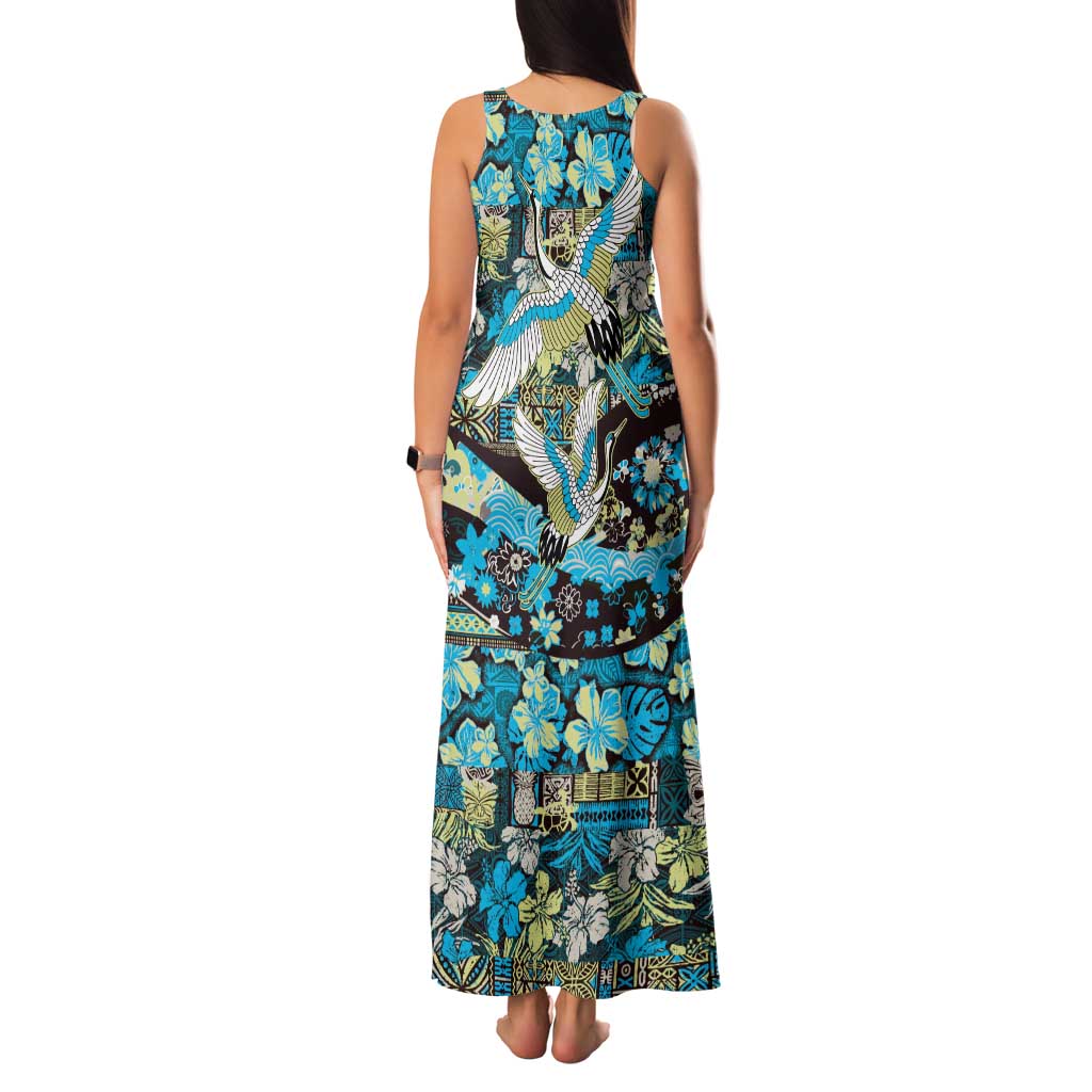 Japanese Hawaiian Crane Family Matching Tank Maxi Dress and Hawaiian Shirt Blue Tapa Patchwork Pattern