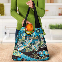 Japanese Hawaiian Crane Grocery Bag Blue Tapa Patchwork Pattern