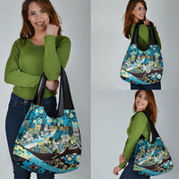 Japanese Hawaiian Crane Grocery Bag Blue Tapa Patchwork Pattern