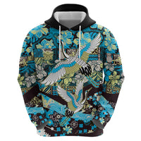 Japanese Hawaiian Crane Hoodie Blue Tapa Patchwork Pattern