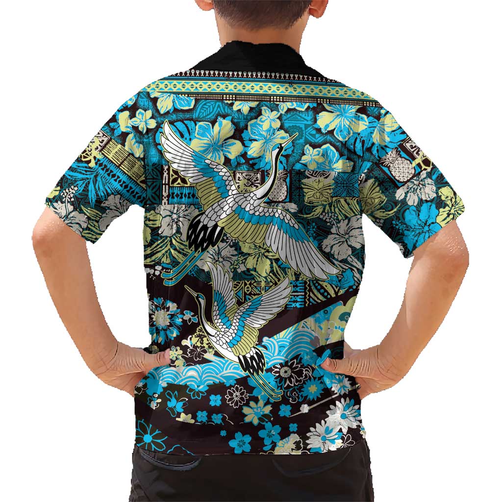 Japanese Hawaiian Crane Kid Hawaiian Shirt Blue Tapa Patchwork Pattern
