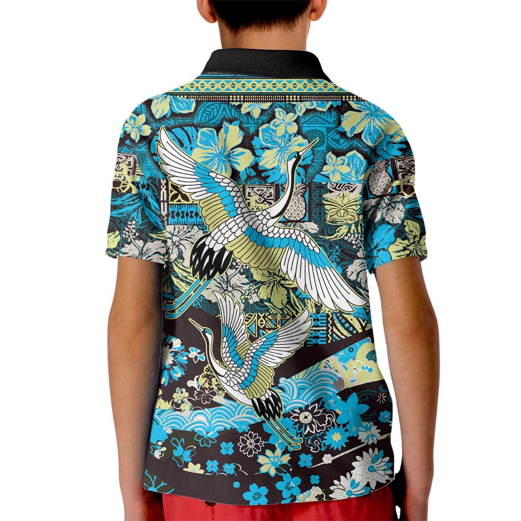 Japanese Hawaiian Crane Kid Polo Shirt Blue Tapa Patchwork Pattern