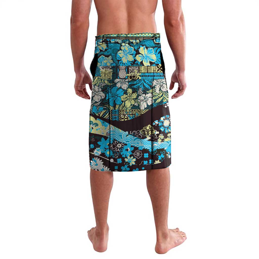 Japanese Hawaiian Crane Lavalava Blue Tapa Patchwork Pattern