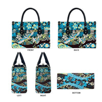 Japanese Hawaiian Crane Leather Bag Blue Tapa Patchwork Pattern