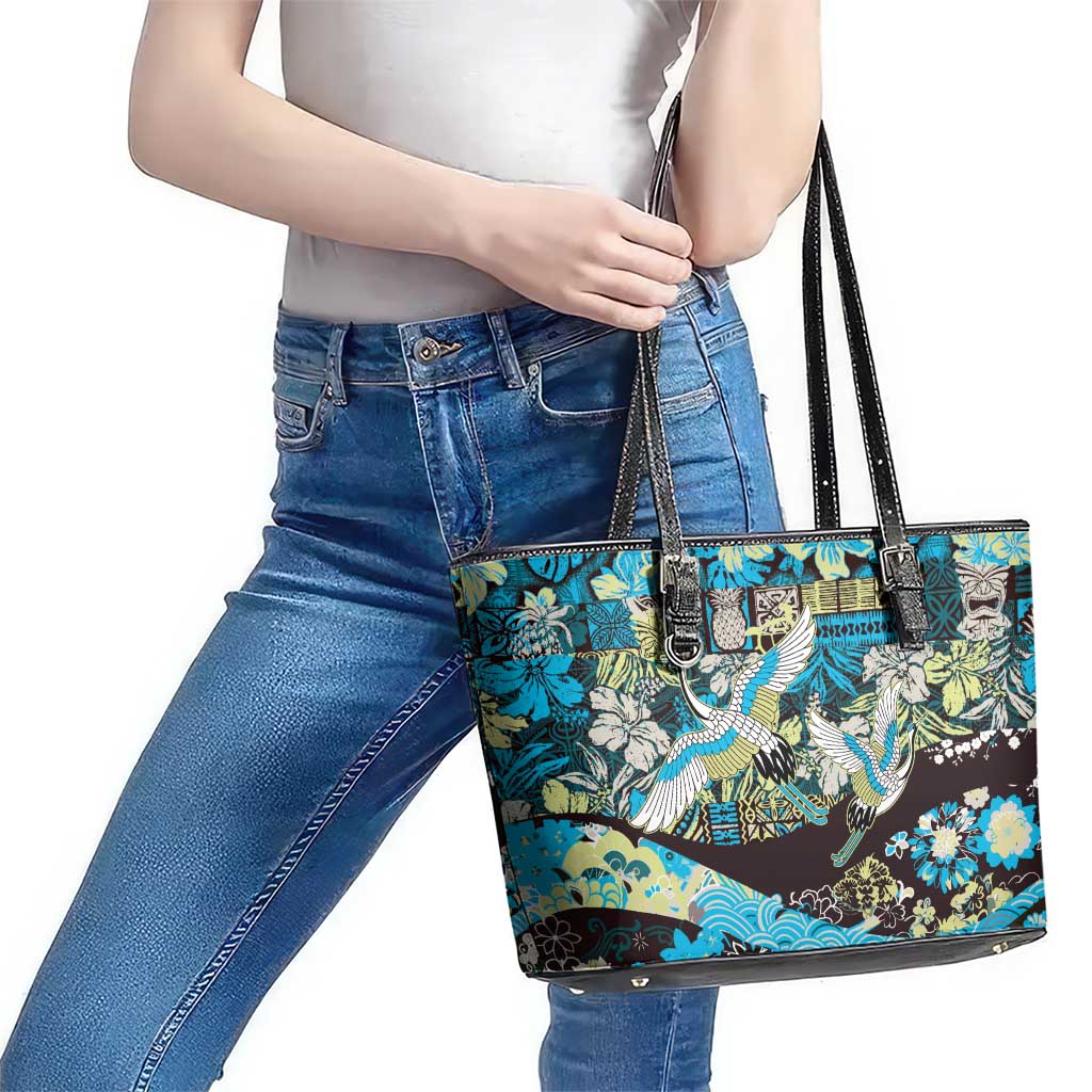 Japanese Hawaiian Crane Leather Tote Bag Blue Tapa Patchwork Pattern