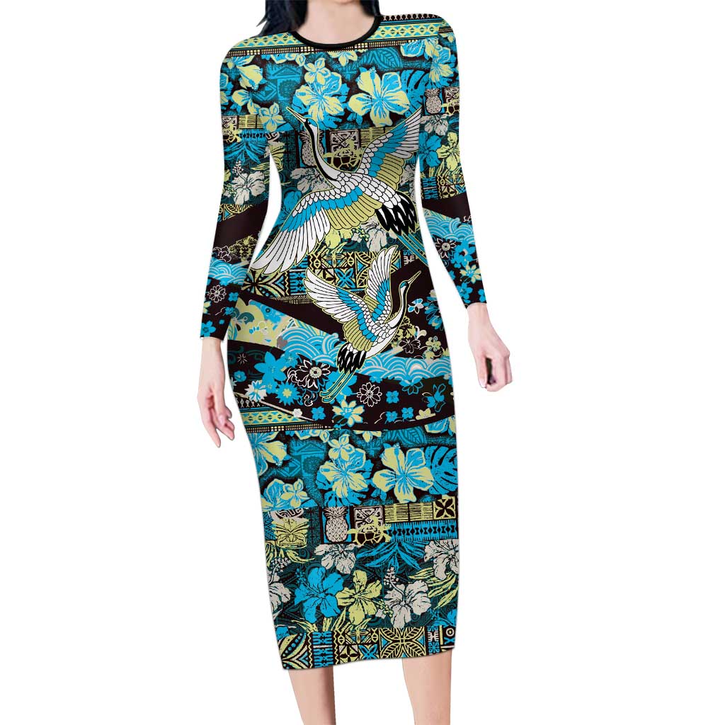 Japanese Hawaiian Crane Long Sleeve Bodycon Dress Blue Tapa Patchwork Pattern