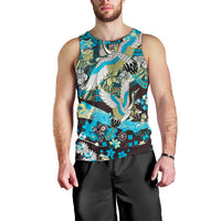 Japanese Hawaiian Crane Men Tank Top Blue Tapa Patchwork Pattern