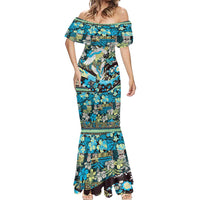 Japanese Hawaiian Crane Mermaid Dress Blue Tapa Patchwork Pattern
