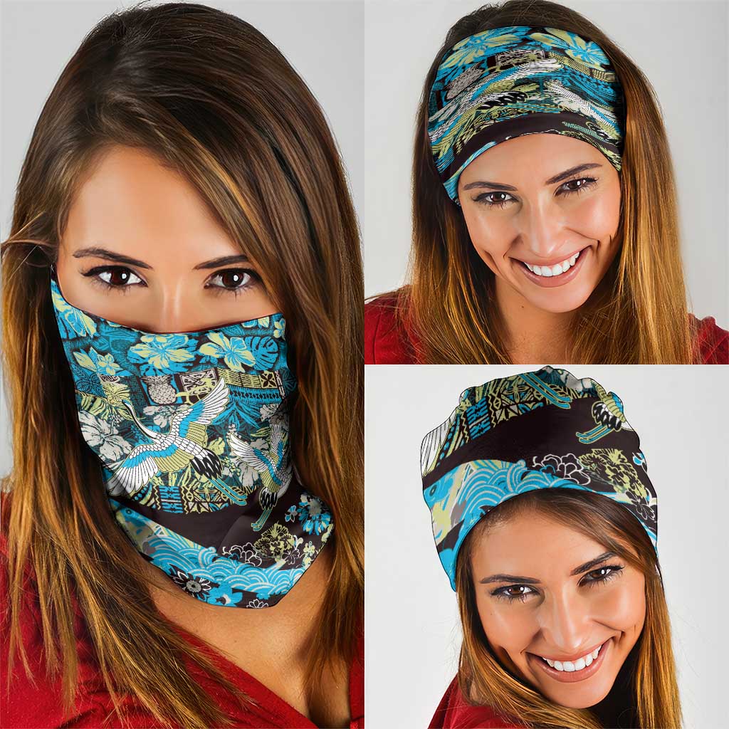 Japanese Hawaiian Crane Neck Gaiter Blue Tapa Patchwork Pattern