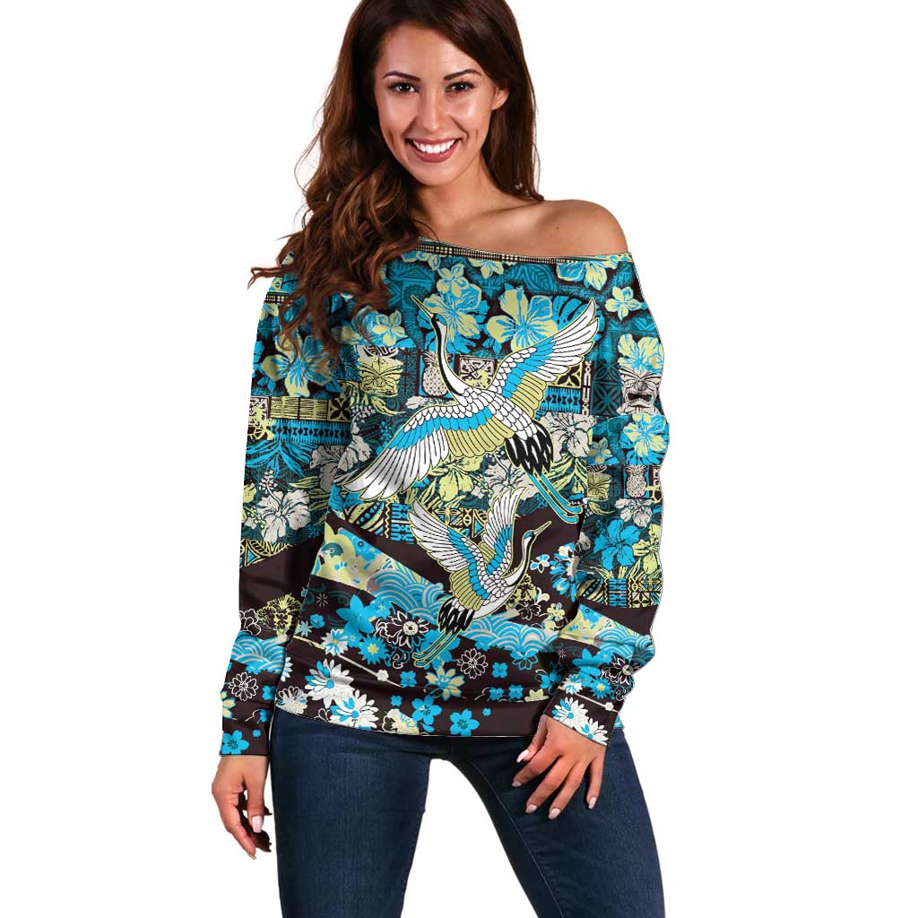 Japanese Hawaiian Crane Off Shoulder Sweater Blue Tapa Patchwork Pattern