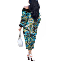 Japanese Hawaiian Crane Off The Shoulder Long Sleeve Dress Blue Tapa Patchwork Pattern LT9 - Polynesian Pride