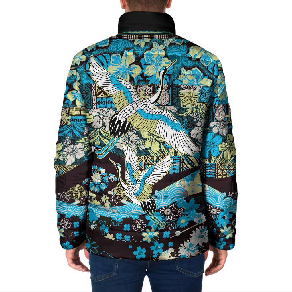 Japanese Hawaiian Crane Padded Jacket Blue Tapa Patchwork Pattern
