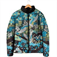 Japanese Hawaiian Crane Padded Jacket Blue Tapa Patchwork Pattern
