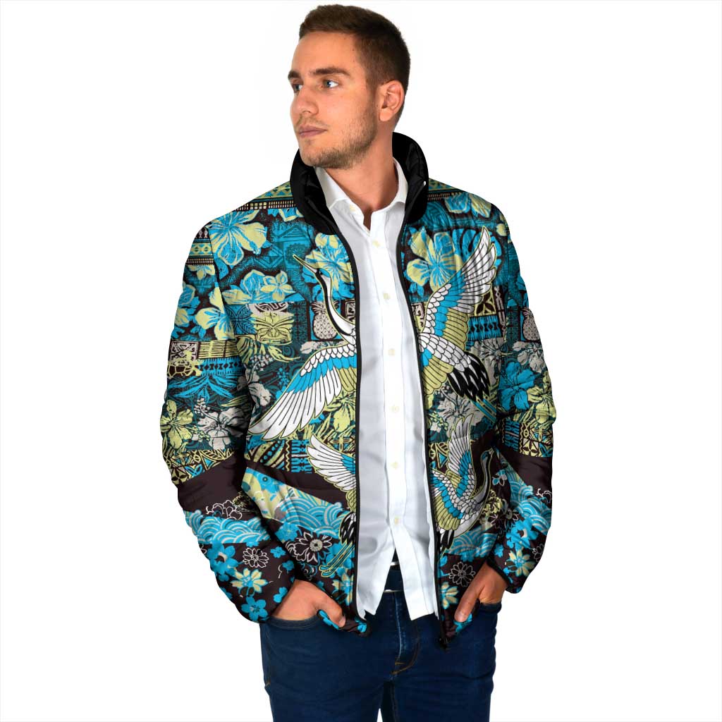 Japanese Hawaiian Crane Padded Jacket Blue Tapa Patchwork Pattern