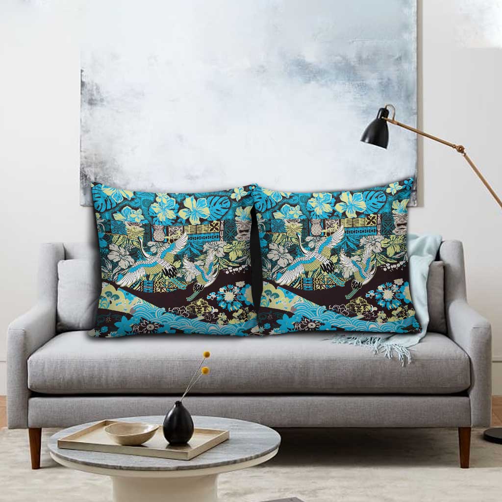Japanese Hawaiian Crane Pillow Cover Blue Tapa Patchwork Pattern