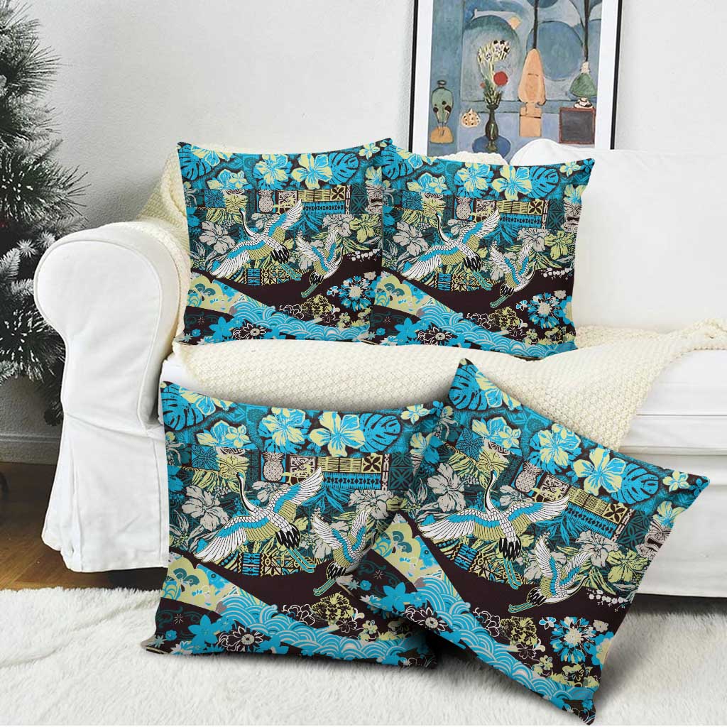 Japanese Hawaiian Crane Pillow Cover Blue Tapa Patchwork Pattern