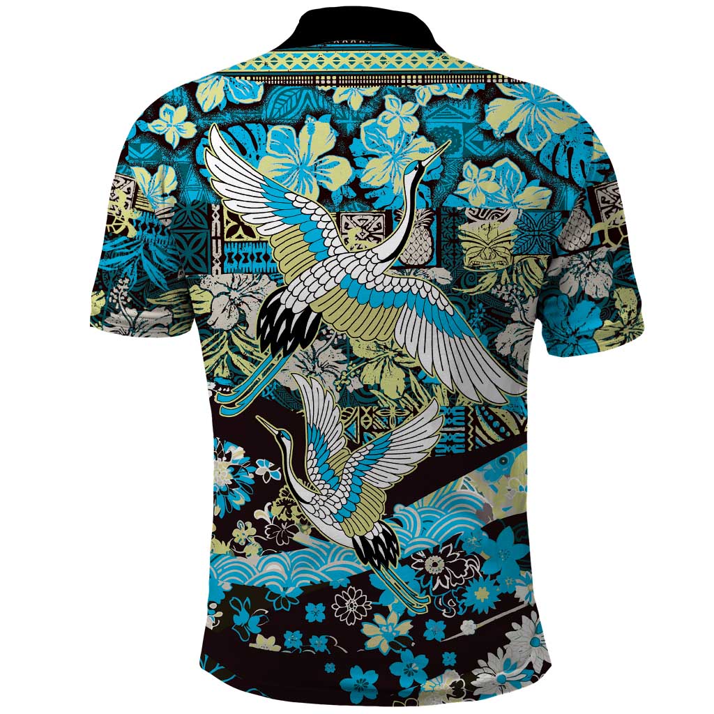 Japanese Hawaiian Crane Polo Shirt Blue Tapa Patchwork Pattern