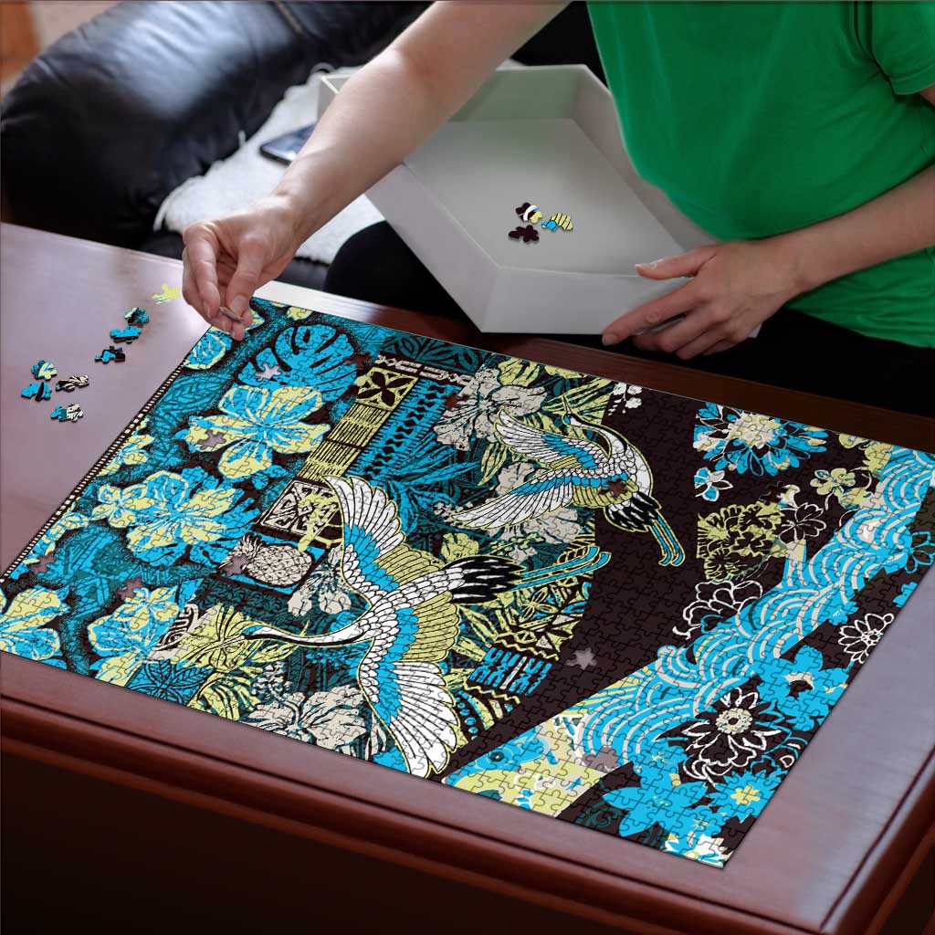 Japanese Hawaiian Crane Puzzle Blue Tapa Patchwork Pattern