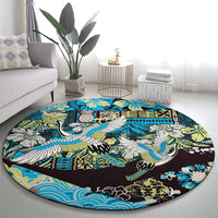 Japanese Hawaiian Crane Round Carpet Blue Tapa Patchwork Pattern